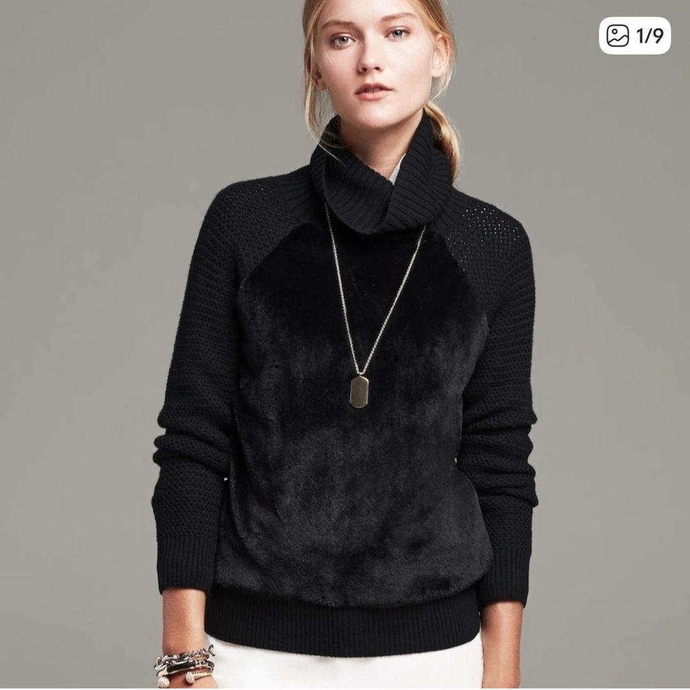 Banana Republic Faux Fur Black Cowl Neck Sweater Size Medium